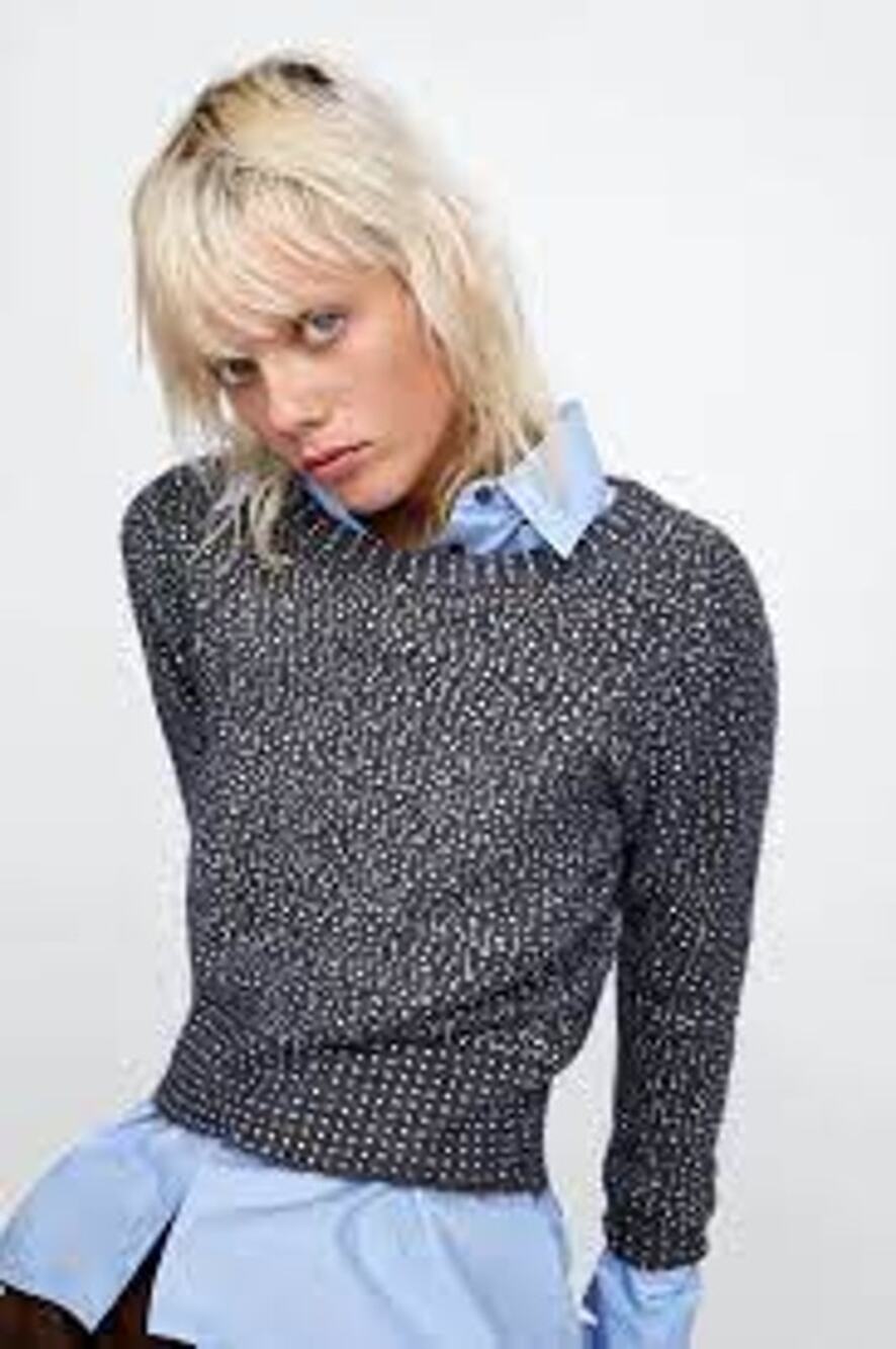 Zara Gray Beaded Sweater Size M Sparkle Holiday Rib Knit Pullover Dressy Top